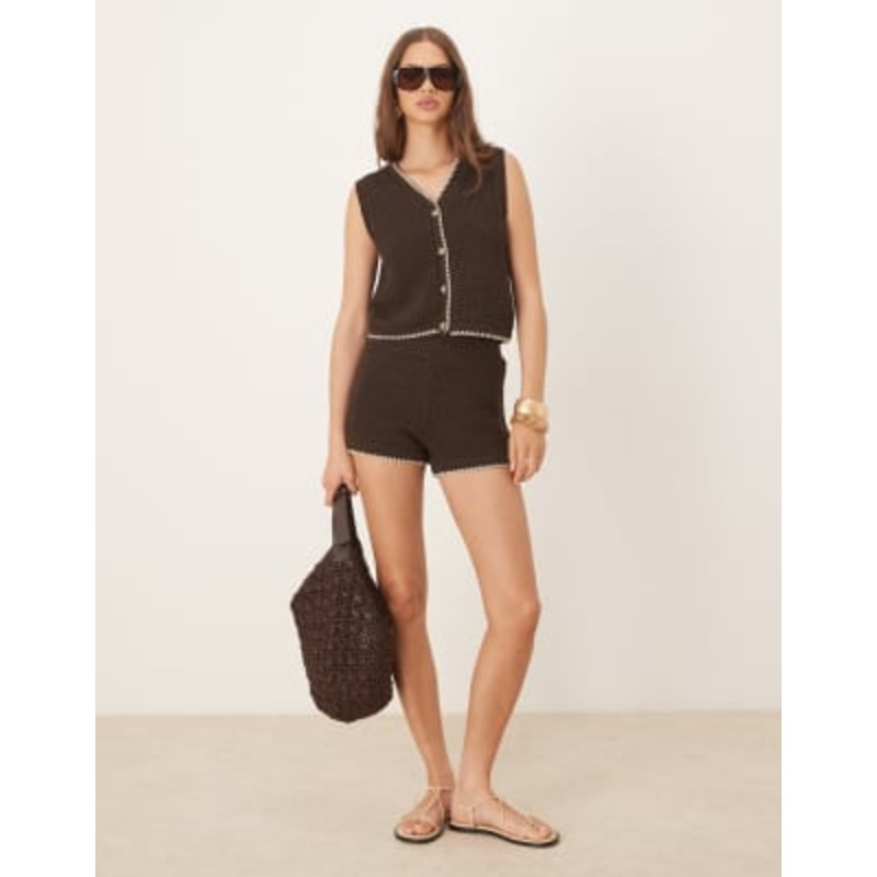 DESIGN mock crochet knit button front tank & shorts set in chocolate