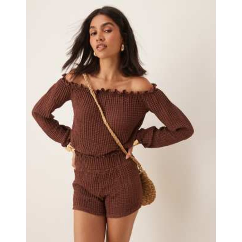 DESIGN off the shoulder textured top and boxer shorts set with shirred waistband in brown