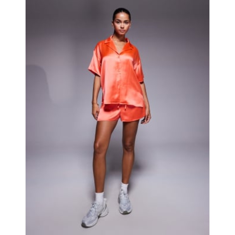 DESIGN short sleeve satin shirt in coral – part of a set
