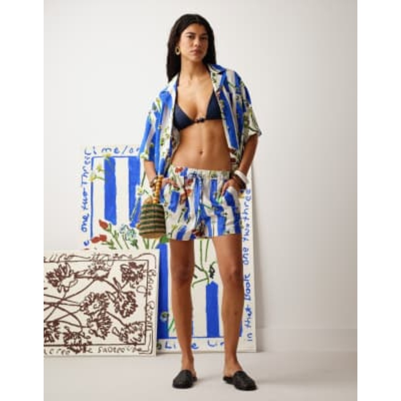 Topshop Bradley.B high rise linen mix floral striped shorts – part of a set