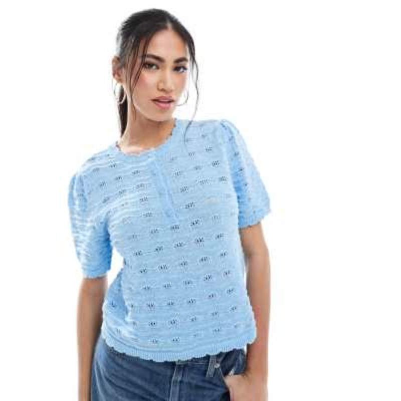 Vero Moda short sleeve crochet top with buttons in light blue