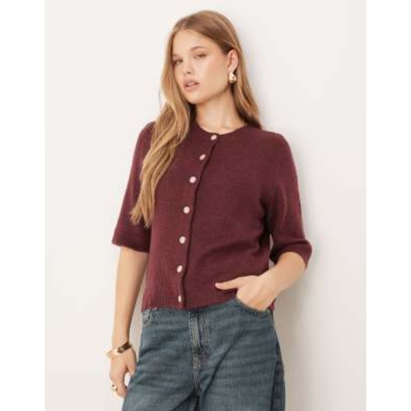 VILA short sleeve knit cardigan in burgundy melange
