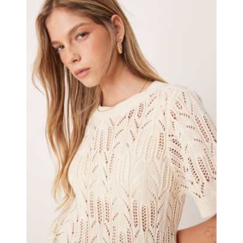 Vila short sleeve open knitted t-shirt in birch cream