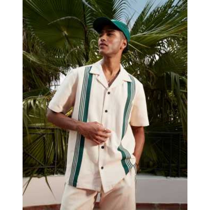 Alma De Ace stripe detail short sleeve shirt in beige – part of a set