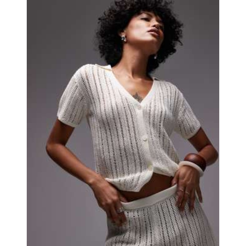 ARKET loose fit paper knit short sleeve beach button up shirt in off white