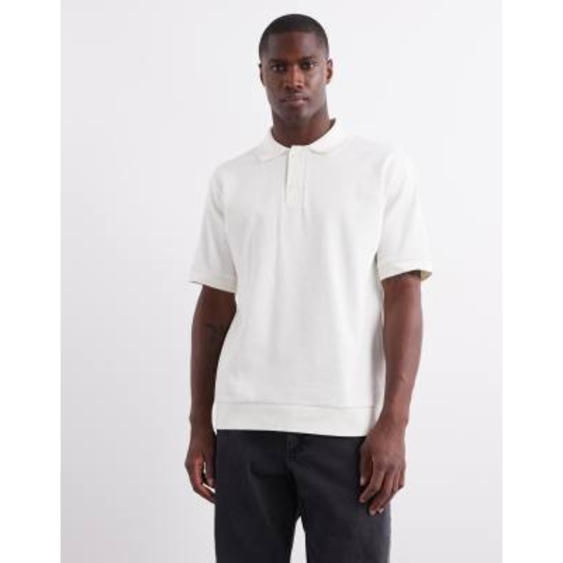 ARKET textured jersey short sleeve polo shirt in white