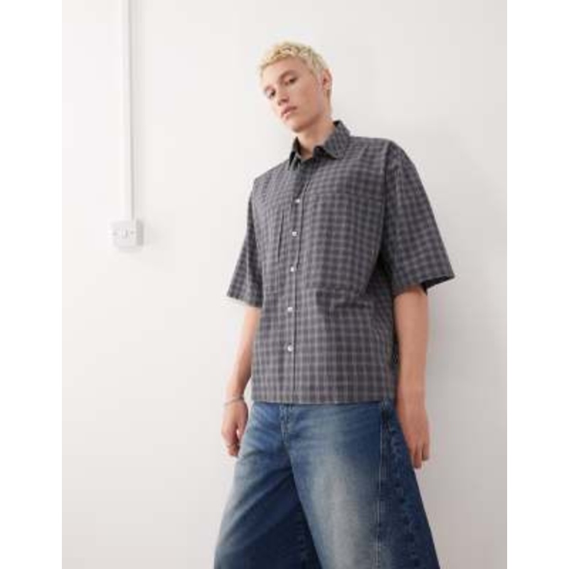 COLLUSION check shirt with short sleeve in blue gray