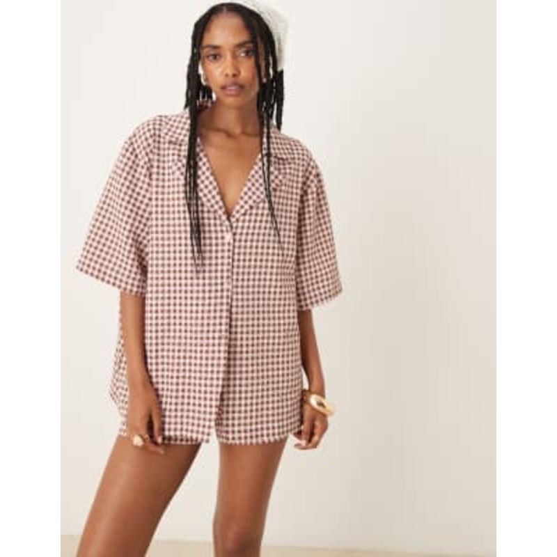 DESIGN camp collar resort shirt and shorts set in pink gingham