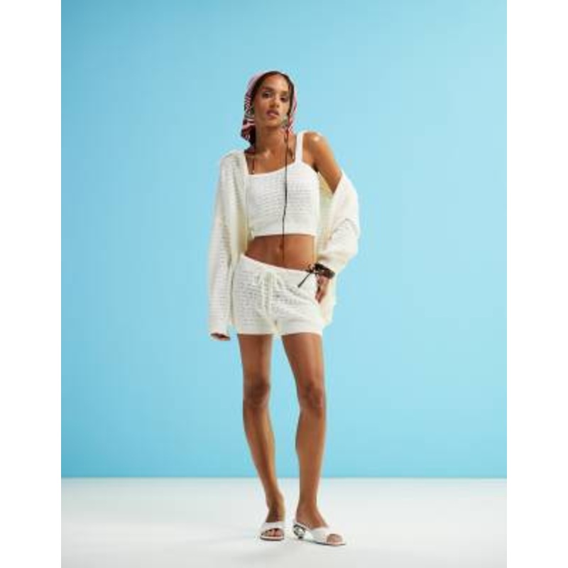DESIGN knit stitch collar cardigan with bralette & mini shorts set in cream