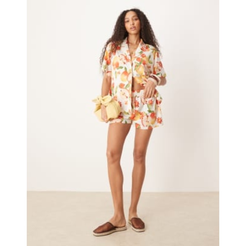 DESIGN linen look short and shirt set in fruit print