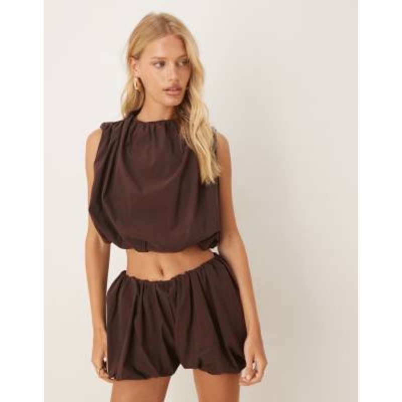 DESIGN puffball top and micro shorts set in brown