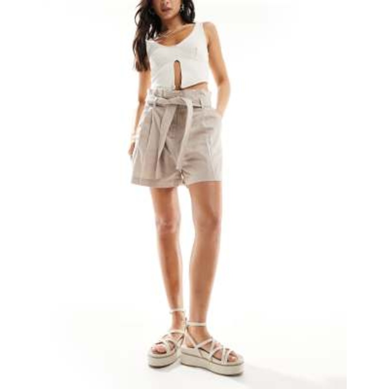 & Other Stories linen high rise belted shorts in brown