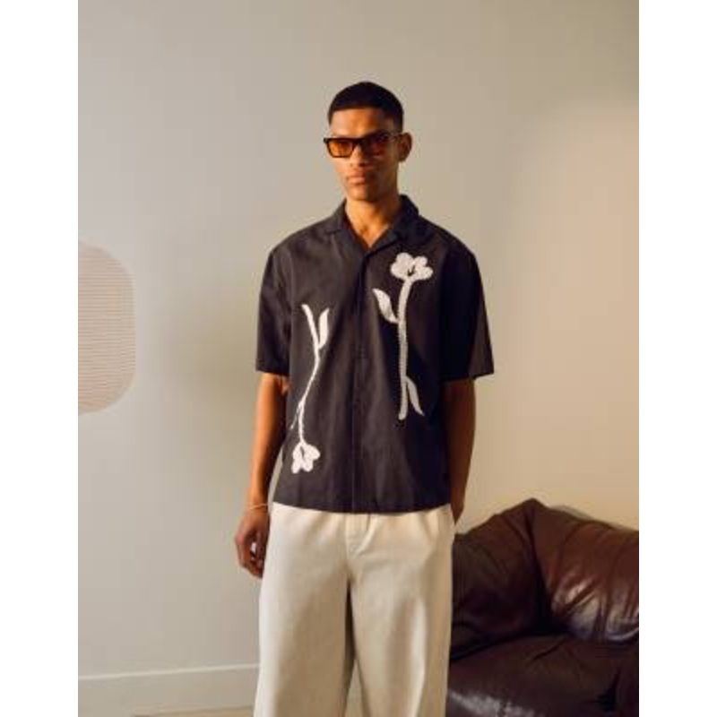 Topman short sleeve floral embroidered shirt in black