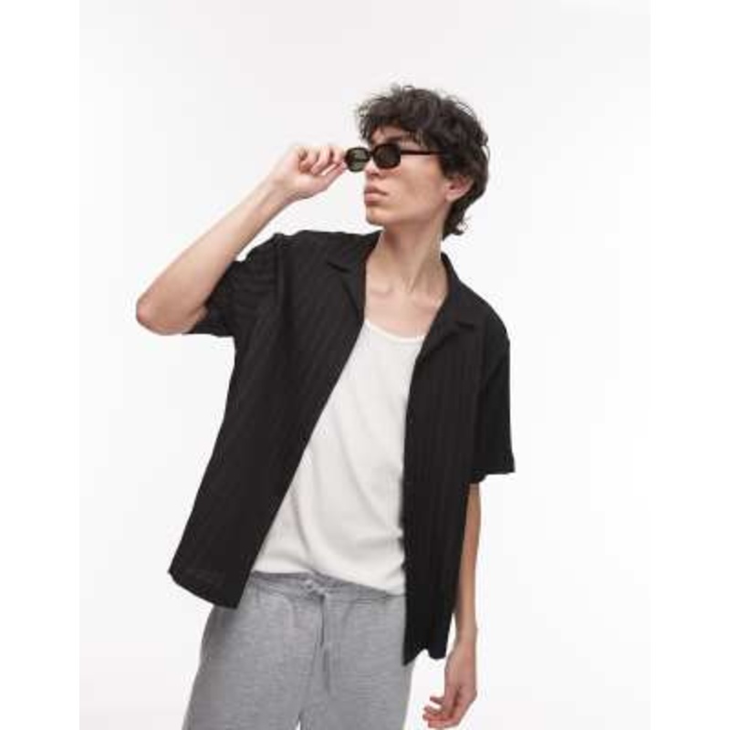 Topman short sleeve textured plisse shirt in black