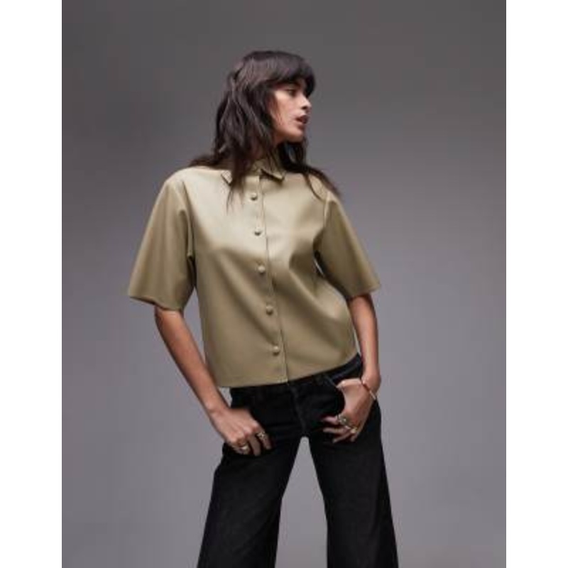 Topshop faux leather short sleeved shirt in sage