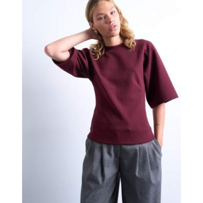 Topshop scuba-style fabric cinch short sleeve tee in burgundy