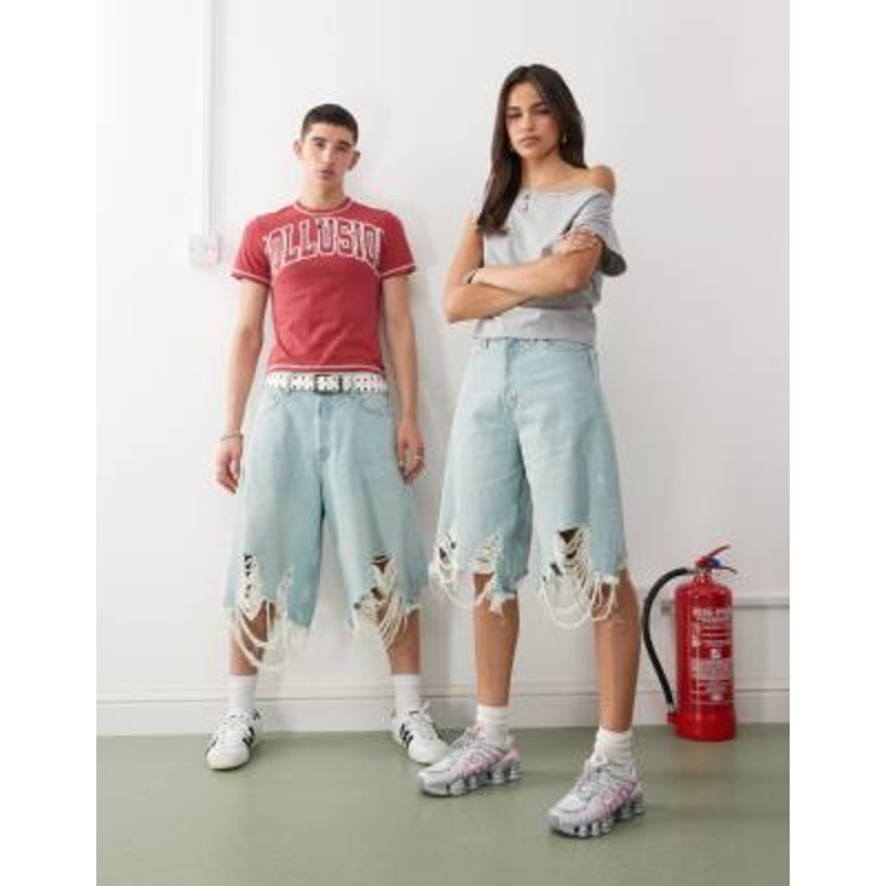 Weekday unisex super oversized distressed denim shorts in blue wash