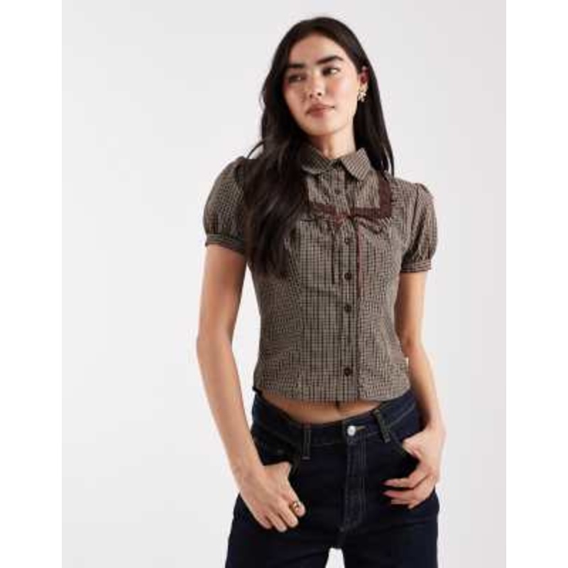 Daisy Street short puff sleeve blouse with ribbon detail in maple brown plaid