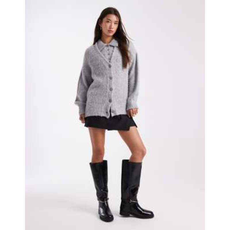 DESIGN brushed knit short sleeve polo & boyfriend cardigan set in light gray