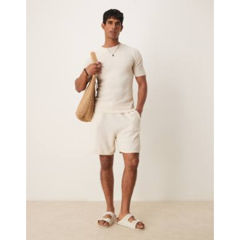 DESIGN muscle fit textured t-shirt and shorts set in cream