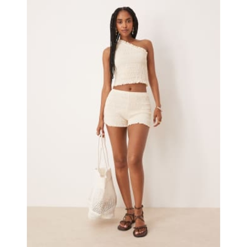 DESIGN shirred one-shoulder top and shorts set in ivory