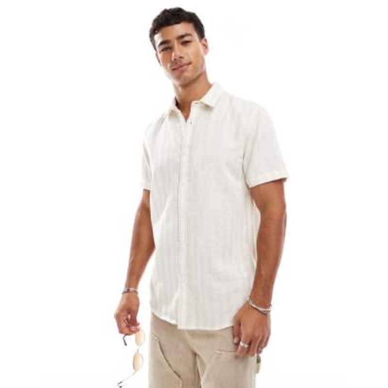 Threadbare short sleeve shirt in beige and white stripes