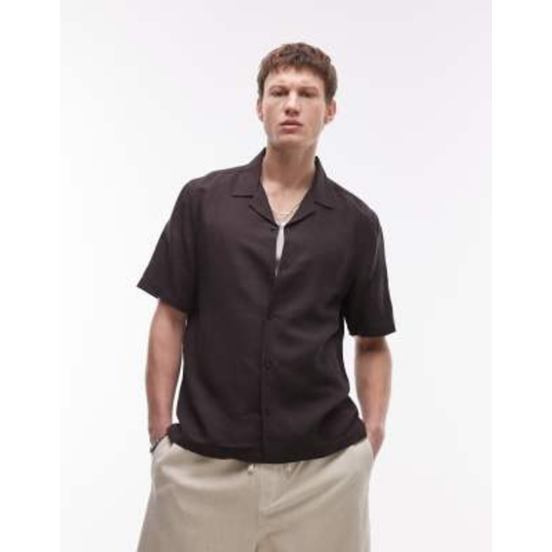 Topman regular fit short sleeve linen blend shirt in black