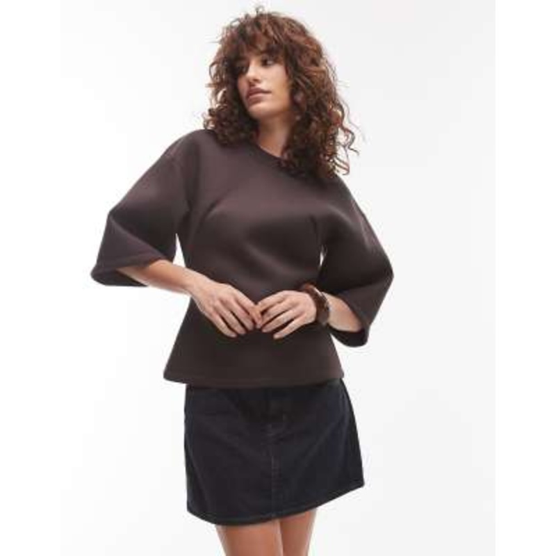 Topshop structured short sleeve top in brown scuba-style fabric