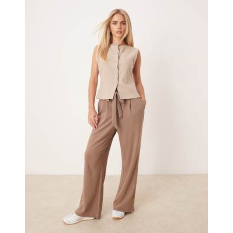 Vila Petite tie waist wide leg pants in fossil brown