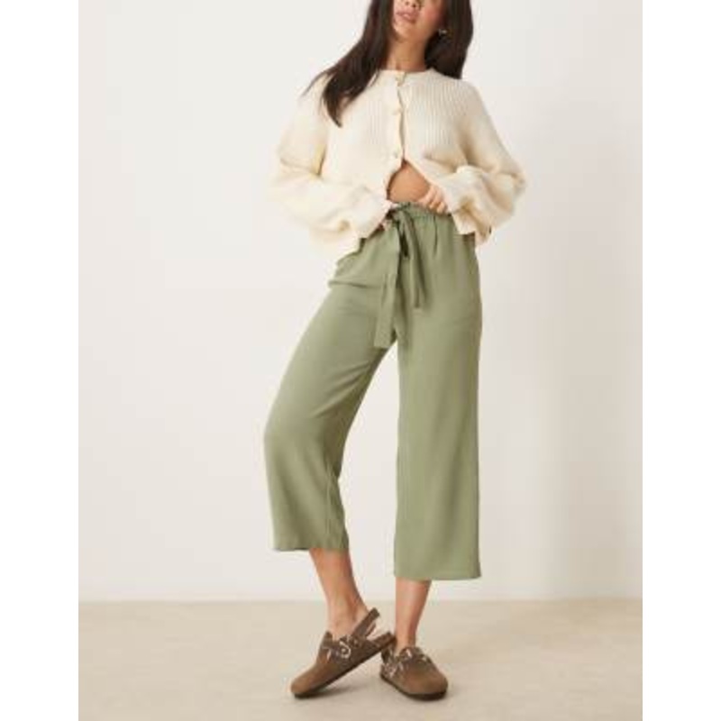 VILA tie waist straight leg cropped pants in oil green