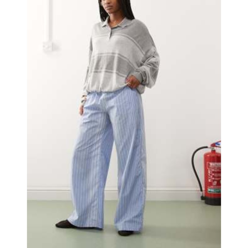 Weekday wide leg pants in mismatched blue stripe