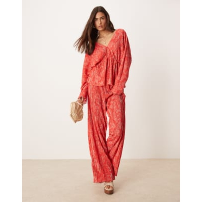 YAS floral printed plisse pants in red and pink – part of a set