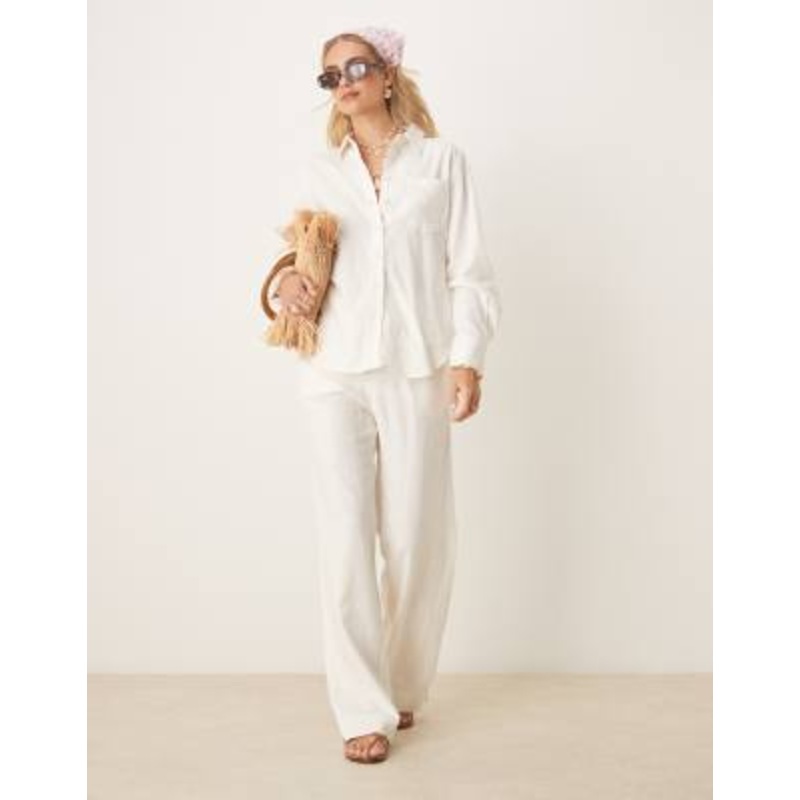 YAS linen mix elastic blend wide leg pants in white – part of a set