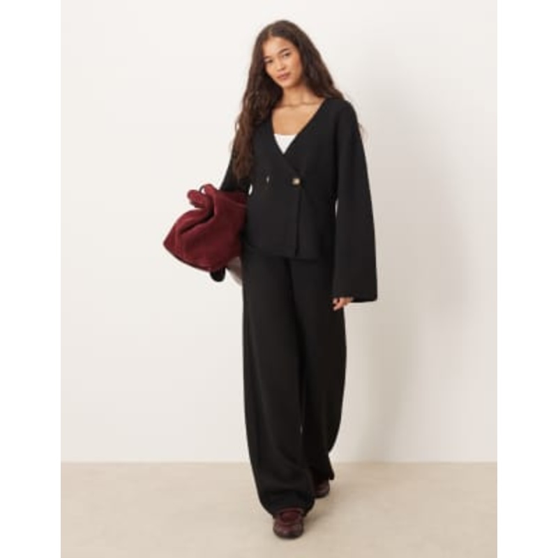YAS long sleeve knit cardigan and wide leg pants set in black