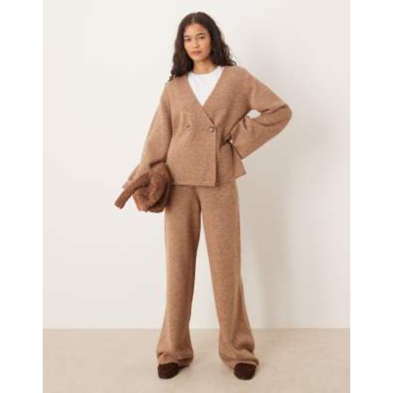 YAS long sleeve knit cardigan and wide leg pants set in camel