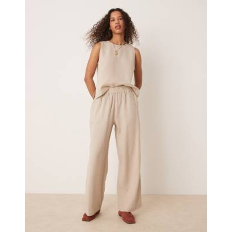Vila crinkle sleeveless top and wide leg pants set in beige