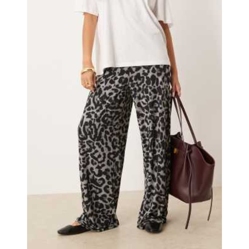 VILA pull on wide leg pants in gray leopard print