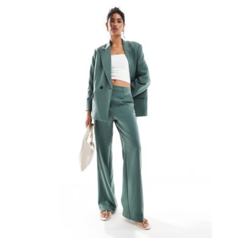 Vero Moda tailored herringbone wide leg pants in dark forest green – part of a set