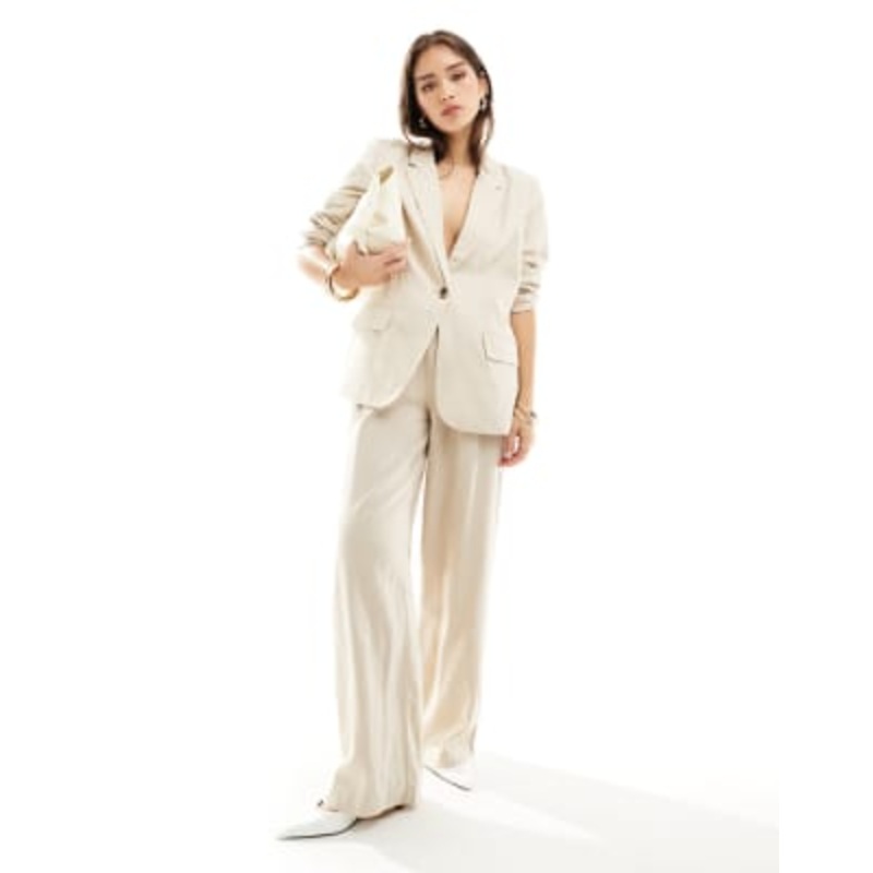 Vila linen blazer and wide leg pants set in oatmeal
