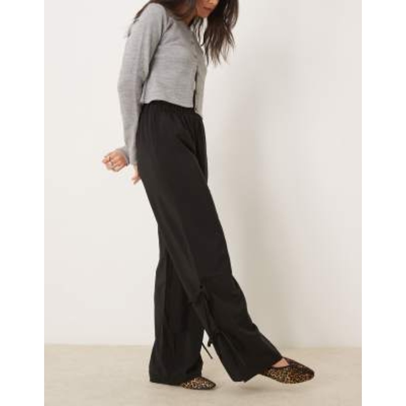 VILA wide leg pants with side split and tie side detail in black