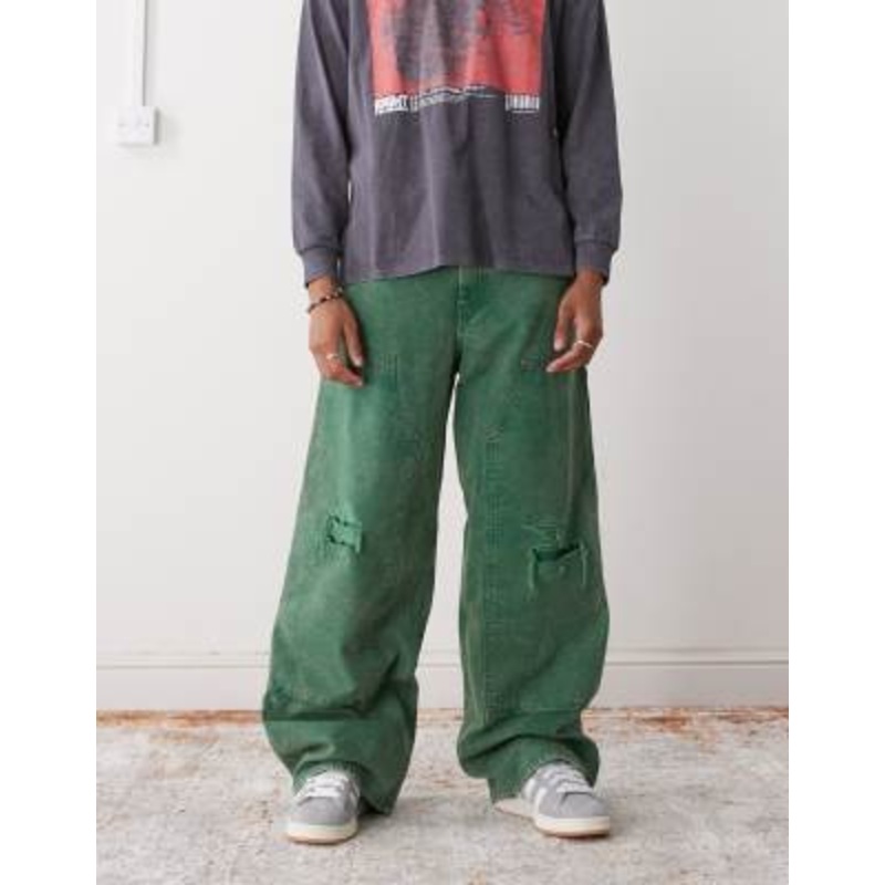 Weekday oversized canvas workwear pants in washed green