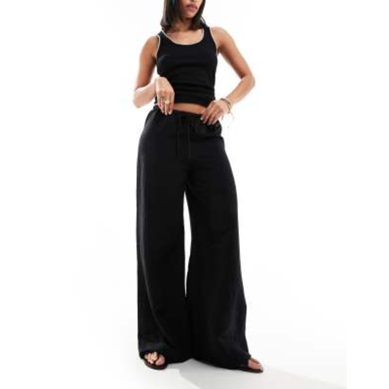 & Other Stories linen blend wide leg pants with drawstring waist in black