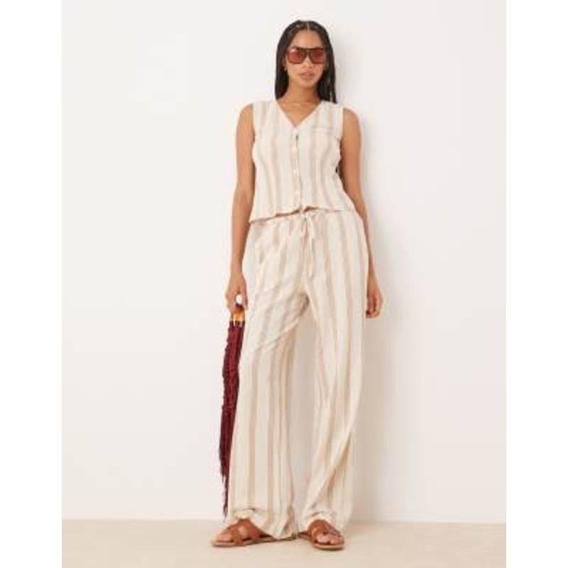 Vila mix and match linen touch tie waist wide leg pants in cream & tan stripes