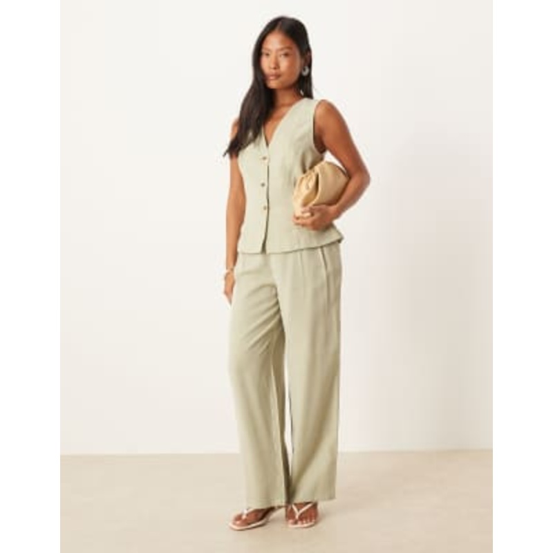 Vila Petite high waisted tailored pants in sage green – part of a set