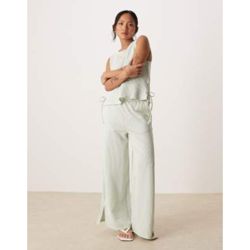 VILA Petite textured stripe wide leg pants in green and cream – part of a set