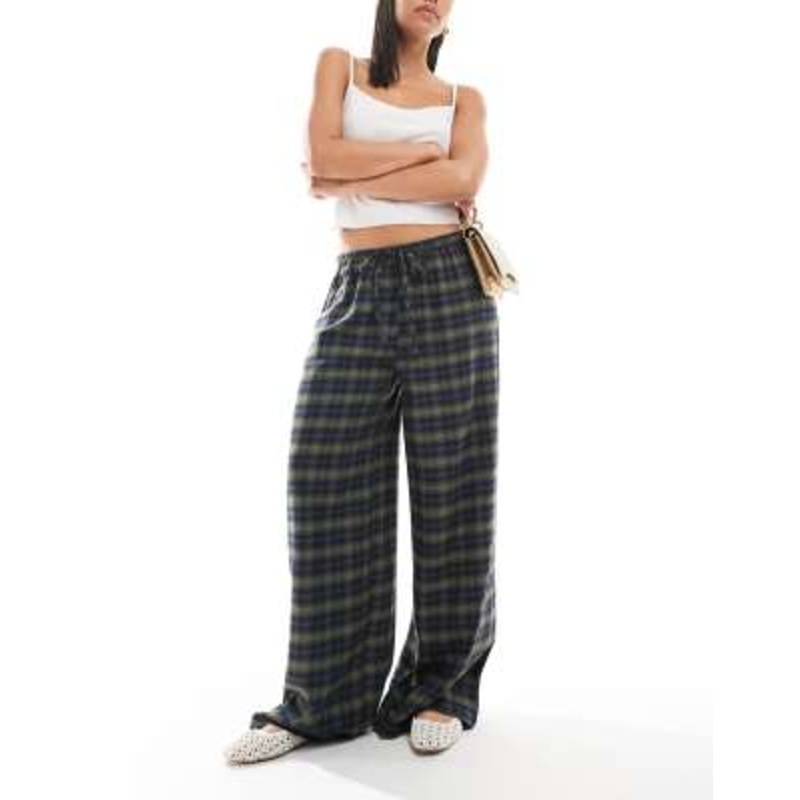 Wednesday’s Girl plaid print wide leg pants in green and navy