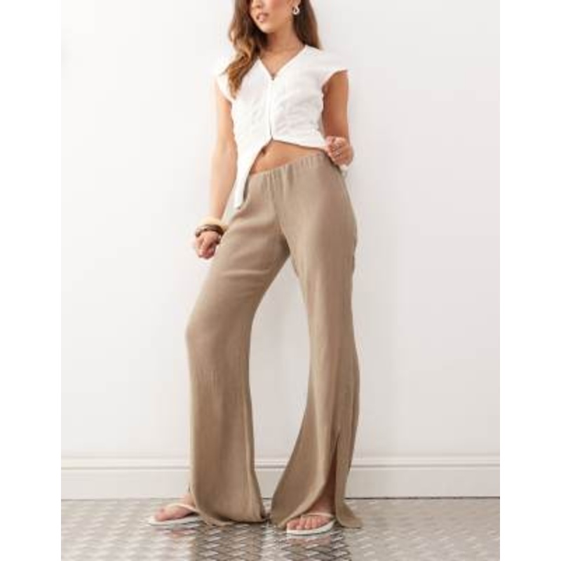 Weekday flare leg plisse pants with split hem detail in beige