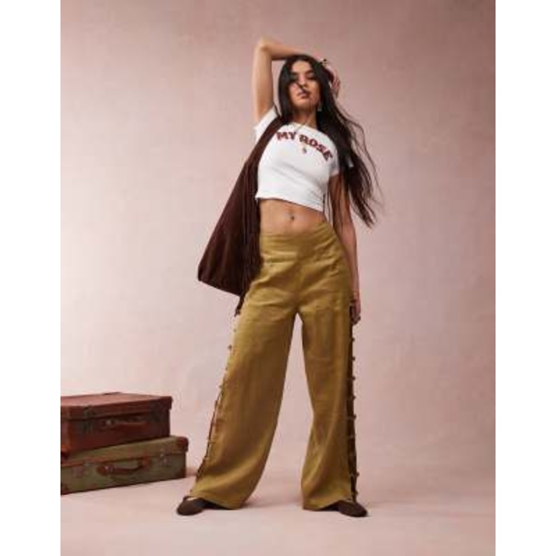 VRG GRL tia linen pants with bead detailing in olive – part of a set