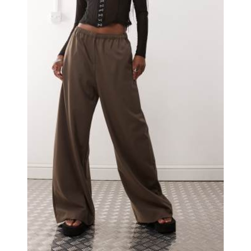 Weekday elastic waist wide leg pants in dark mole