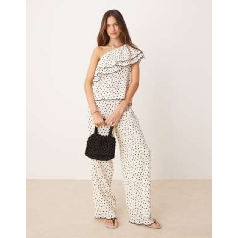 YAS one-shoulder top and wide leg pants set in polka dot